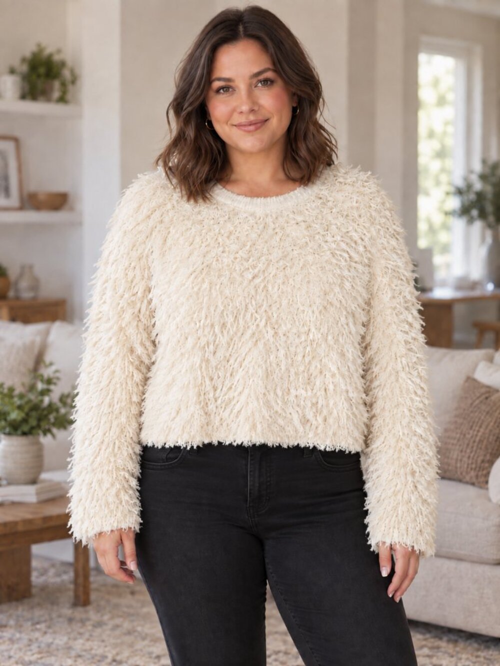 WOOLRICH Sweater Shaggy Textured Crew Neck Cropped Cream Shag 1X